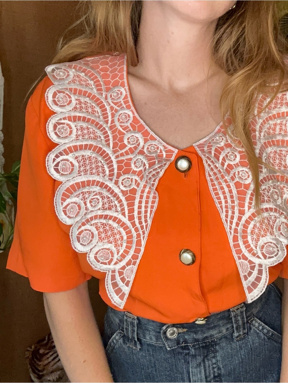 70s/80s Vintage San Julian Orange Blouse with Ornate Lace Collar & Pearl Buttons